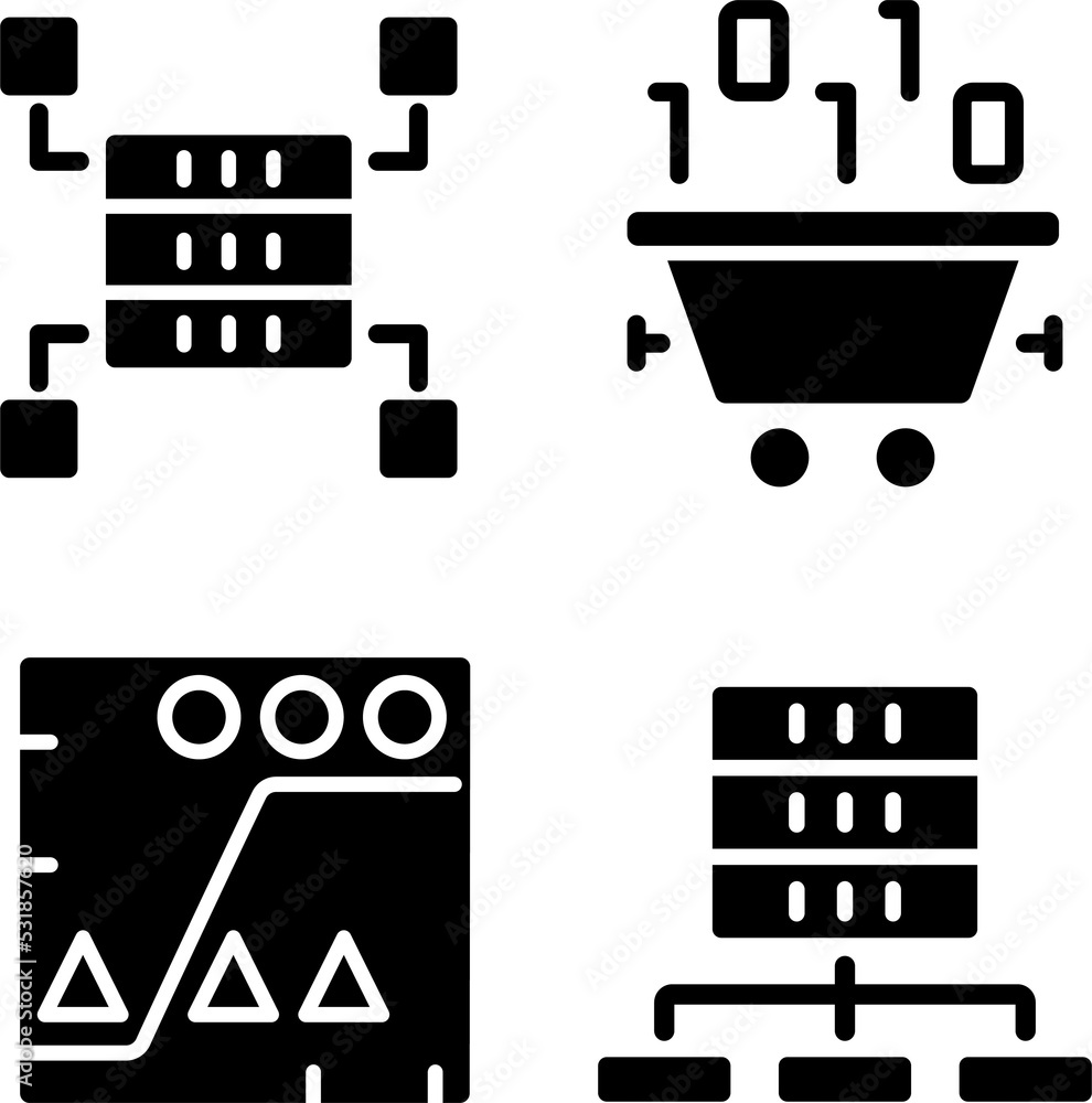Poster dataset processing black glyph icons set on white space. data mining and storage. statistic informat