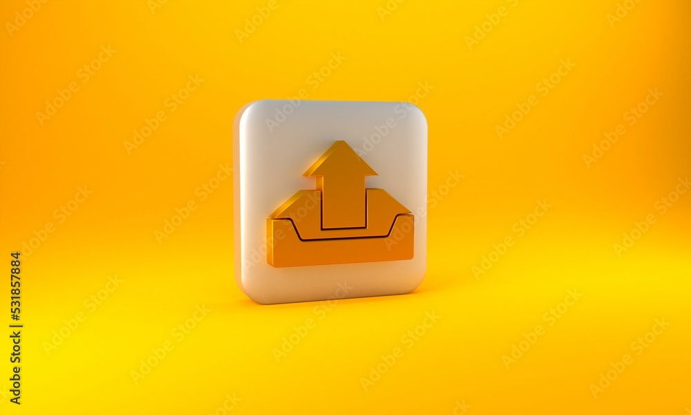 Aufkleber gold upload inbox icon isolated on yellow background. silver square button. 3d render illustration