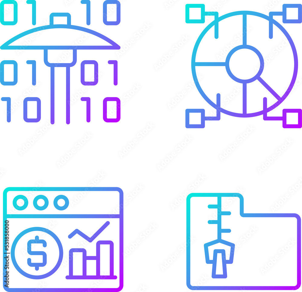 Poster financial data mining gradient linear vector icons set. processing digital information. research new