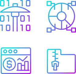 Financial data mining gradient linear vector icons set. Processing digital information. Research new development ways. Thin line contour symbols bundle. Isolated outline illustrations collection