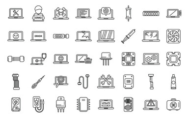 Laptop repair icons set outline vector. Repair computer. Broken support