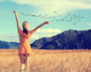 person flying birds freedom mountains, winner vacation concept, nature outdoor landscape