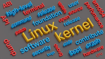 Linux kernel headline and terms isometric word cloud. 3d illustration - obrazy, fototapety, plakaty
