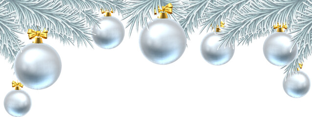 Snowflakes and Christmas tree baubles hanging from a Christmas tree background.
