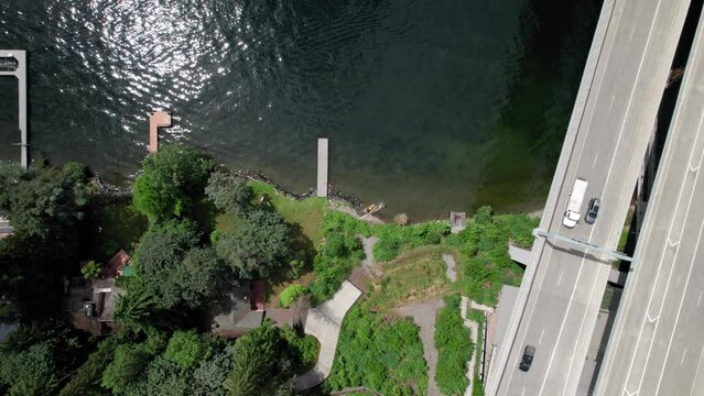 Drone Top View of Luxury Waterfront Homes by Lake Washington Bridge