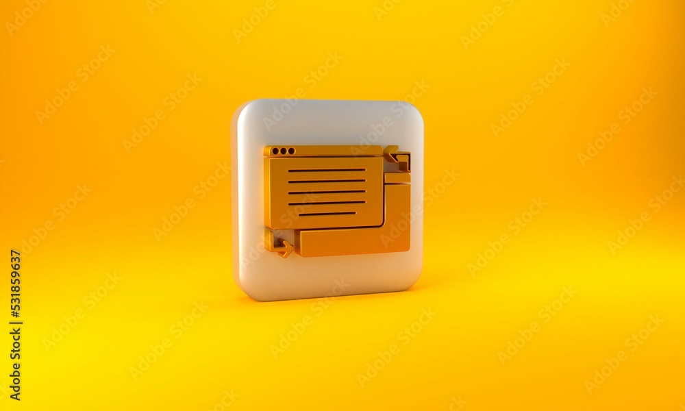 Poster gold ui or ux design icon isolated on yellow background. silver square button. 3d render illustratio