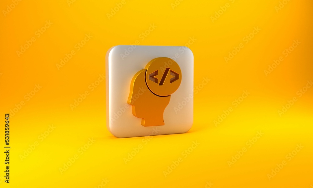 Wall mural gold web design and front end development icon isolated on yellow background. silver square button. 