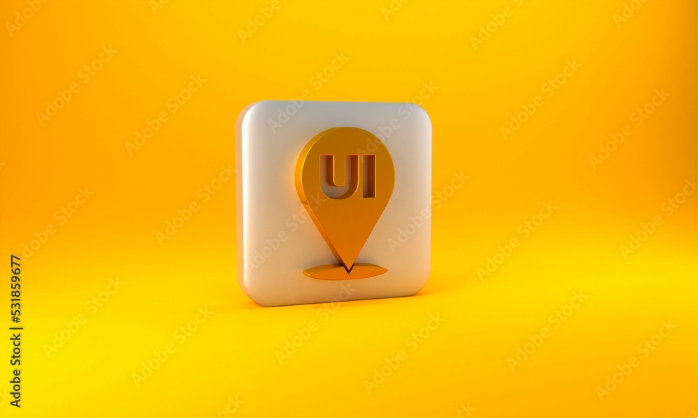 Poster gold ui or ux design icon isolated on yellow background. silver square button. 3d render illustratio