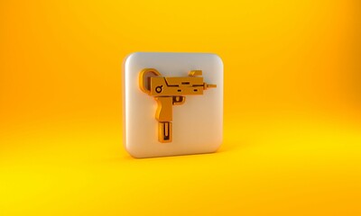 Gold UZI submachine gun icon isolated on yellow background. Automatic weapon. Silver square button. 3D render illustration - obrazy, fototapety, plakaty