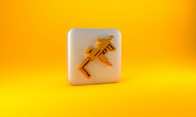 Gold MP9 submachine gun icon isolated on yellow background. Automatic weapon. Silver square button. 3D render illustration - obrazy, fototapety, plakaty