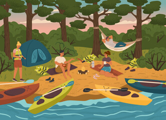 People camping on a river and sitting around fire. Camp site with bonfire, tent and canoe. Water adventure sport vector illustration. Man and woman taking rest after rafting, kayaking, canoeing