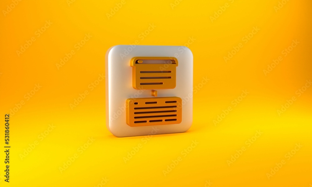Poster gold server, data, web hosting icon isolated on yellow background. silver square button. 3d render i
