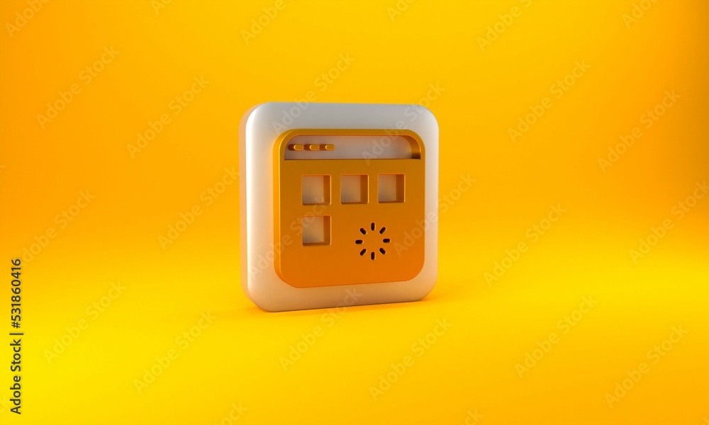 Poster gold loading a data window with a progress bar icon isolated on yellow background. silver square but