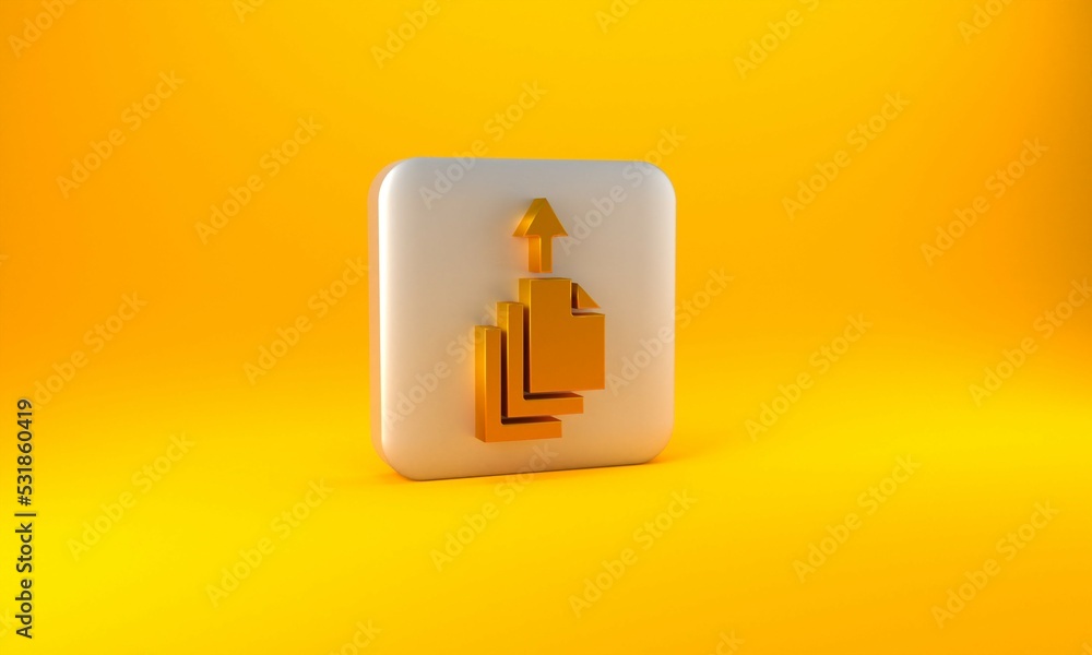 Poster gold data export icon isolated on yellow background. silver square button. 3d render illustration