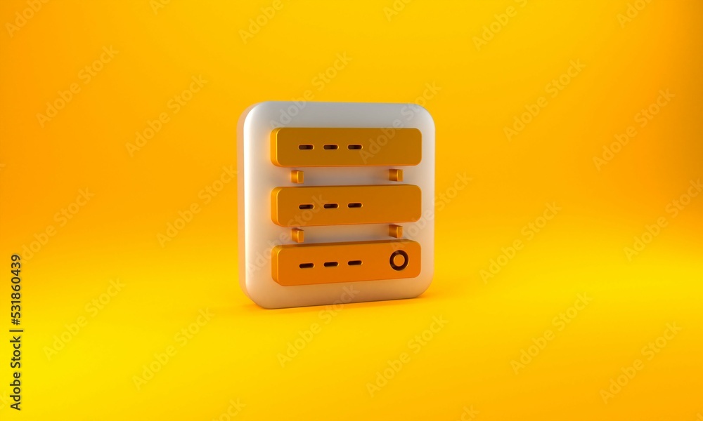 Poster gold server, data, web hosting icon isolated on yellow background. silver square button. 3d render i