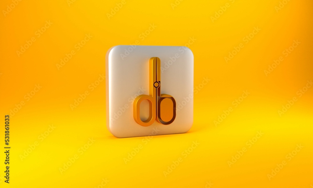 Poster gold scissors icon isolated on yellow background. cutting tool sign. silver square button. 3d render
