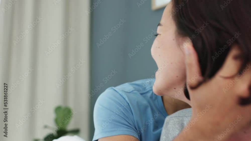 Canvas Prints Happy, bed and couple laughing and bonding in a bedroom, sharing a funny joke and living kiss in bedroom. Asian man and woman having fun in the morning, being playful and enjoying a conversation