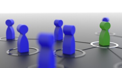 Obraz premium Chain of blue-green human figurines connected by black lines under blue lighting. Cooperation and interaction between people and employees. Dissemination of information in society, rumors. 3D CG.