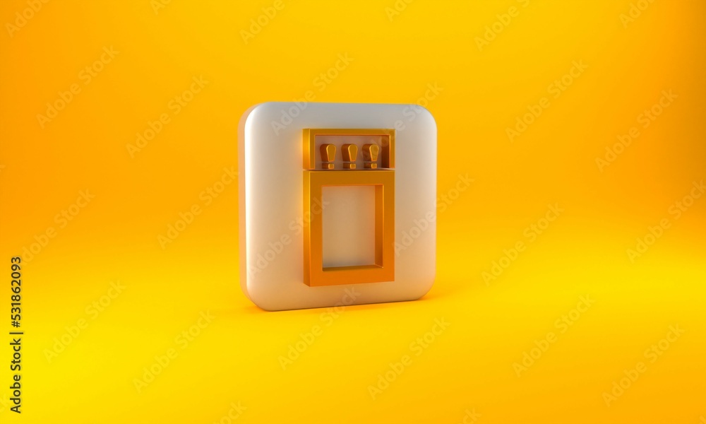 Poster gold open matchbox and matches icon isolated on yellow background. silver square button. 3d render i