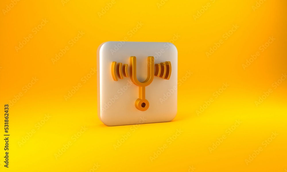Poster gold musical tuning fork for tuning musical instruments icon isolated on yellow background. silver s