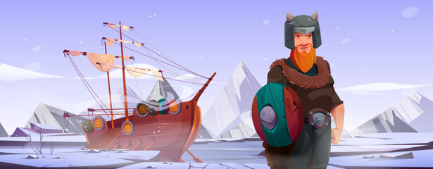 Viking, scandinavian warrior, cartoon character. Man barbarian soldier with beard wearing horned helmet and round shield stand on northern rocky landscape with moored ship, Vector illustration