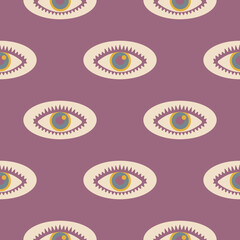 Hippie design elements. Aesthetics of the seventies, fun groovy seamless pattern. Crazy psychedelic vision. Graphic element. Retro design, muted colors