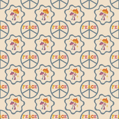 Hippie design elements. Aesthetics of the seventies, fun groovy seamless pattern. Simple print with magic mushrooms and peace symbols.
