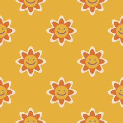 Hippie design elements. Aesthetics of the seventies, fun groovy seamless pattern. Smiling floral emoji. Graphic element. Retro design on yellow background