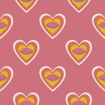 Aesthetics of the seventies. Hippie psychedelic seamless pattern. Simple print with magic hearts with eyes on pink background
