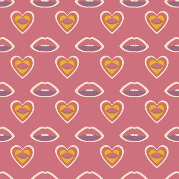 Graphic design elements. Aesthetics of the seventies. Hippie seamless pattern. Simple print with magic hearts and lips on pink background