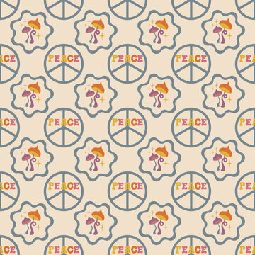 Hippie design elements. Aesthetics of the seventies, fun groovy seamless pattern. Simple print with magic mushrooms and peace symbols.