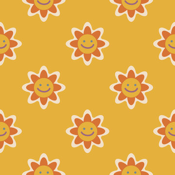 Hippie design elements. Aesthetics of the seventies, fun groovy seamless pattern. Smiling floral emoji. Graphic element. Retro design on yellow background