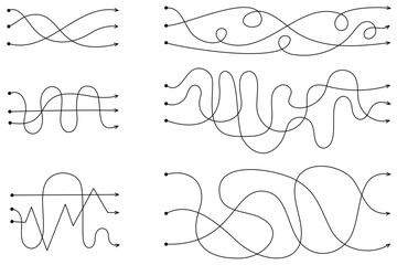 Vector path. Find the longest, shortest, wavy, straightest path. Process, arrow.