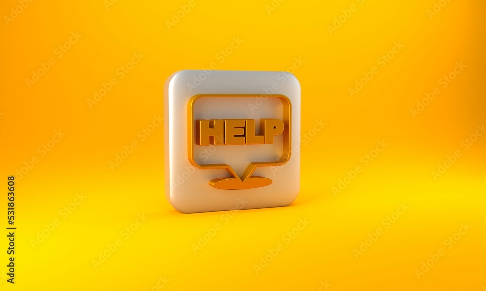 Poster gold speech bubble with text help icon isolated on yellow background. silver square button. 3d rende