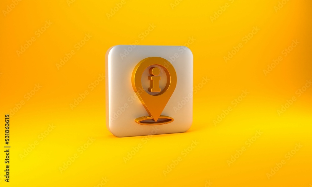 Poster gold location with information icon isolated on yellow background. silver square button. 3d render i