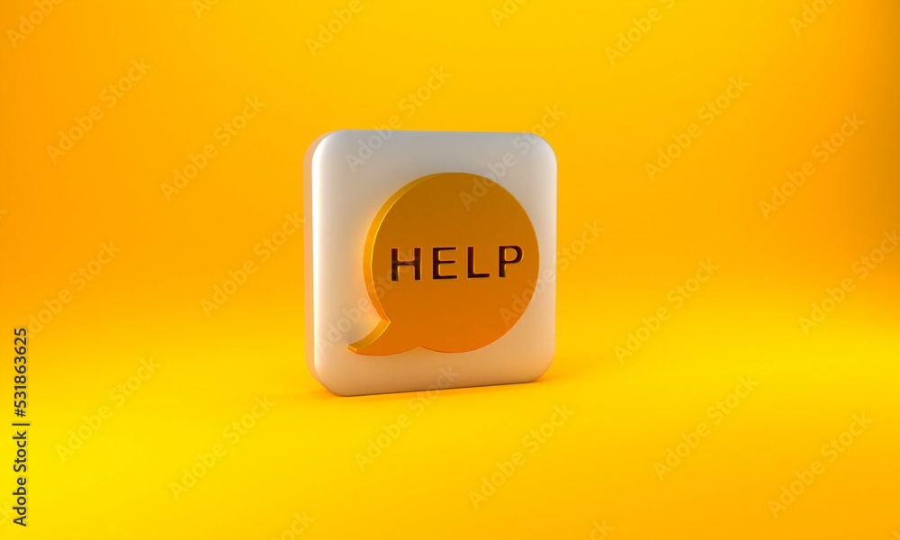 Poster gold speech bubble with text help icon isolated on yellow background. silver square button. 3d rende