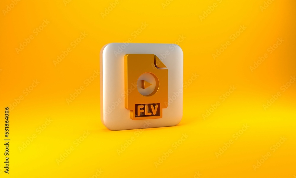 Poster gold flv file document video file format. download flv button icon isolated on yellow background. fl