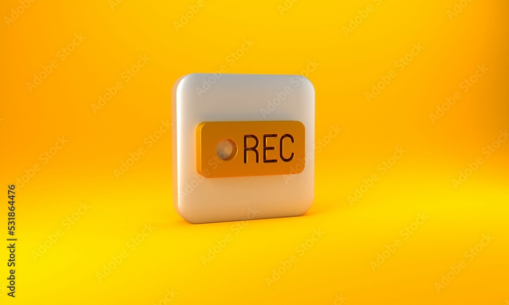 Poster gold record button icon isolated on yellow background. rec button. silver square button. 3d render i