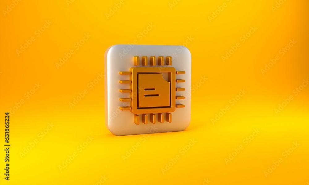 Aufkleber gold computer processor with microcircuits cpu icon isolated on yellow background. chip or cpu with 