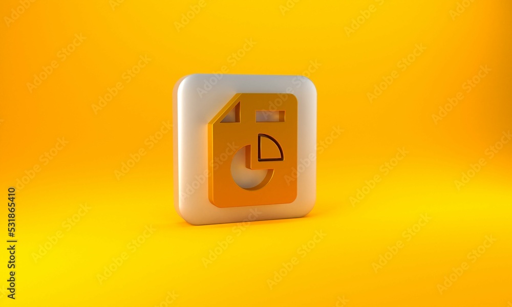 Poster gold document with graph chart icon isolated on yellow background. report text file icon. accounting