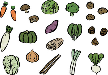 筆で描いた、秋や冬の野菜セット