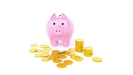 Fat Pink Piggy Bank with gold coins on the white background 4K. 3d rendering.