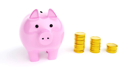 Fat Pink Piggy Bank with gold coins on the white background 4K. 3d rendering.