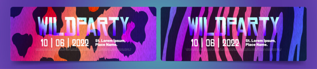 Wild party invitation flyers to night club entertainment with holographic fur textures, ombre animal skin pattern, zebra or tiger stripes and cheetah dots on glowing neon background, Vector banners © klyaksun