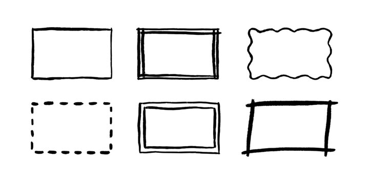 Free hand drawn rectangle frames set. Doodle rectangular shape. Scribble pencil square text box. Doodle highlighting design elements. Line border. Vector illustration isolated on white background.