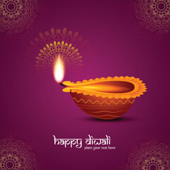 Illustration of burning diya on happy diwali celebration holiday card background