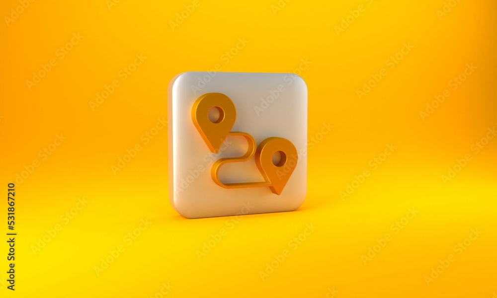 Poster gold route location icon isolated on yellow background. map pointer sign. concept of path or road. g