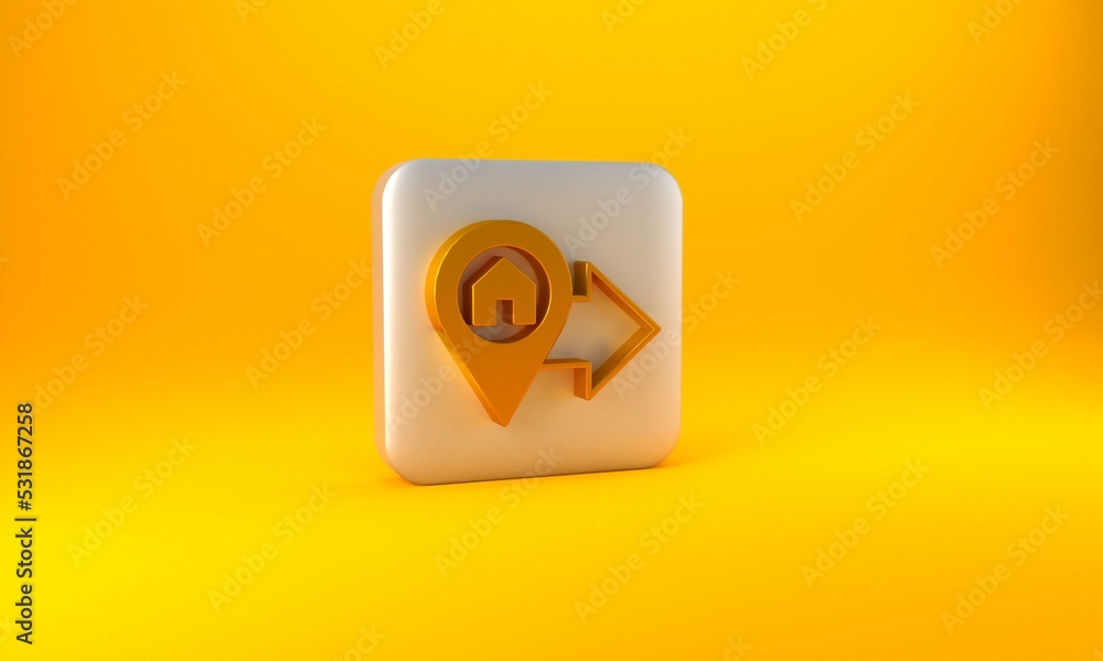 Poster gold map pointer with house icon isolated on yellow background. home location marker symbol. silver 