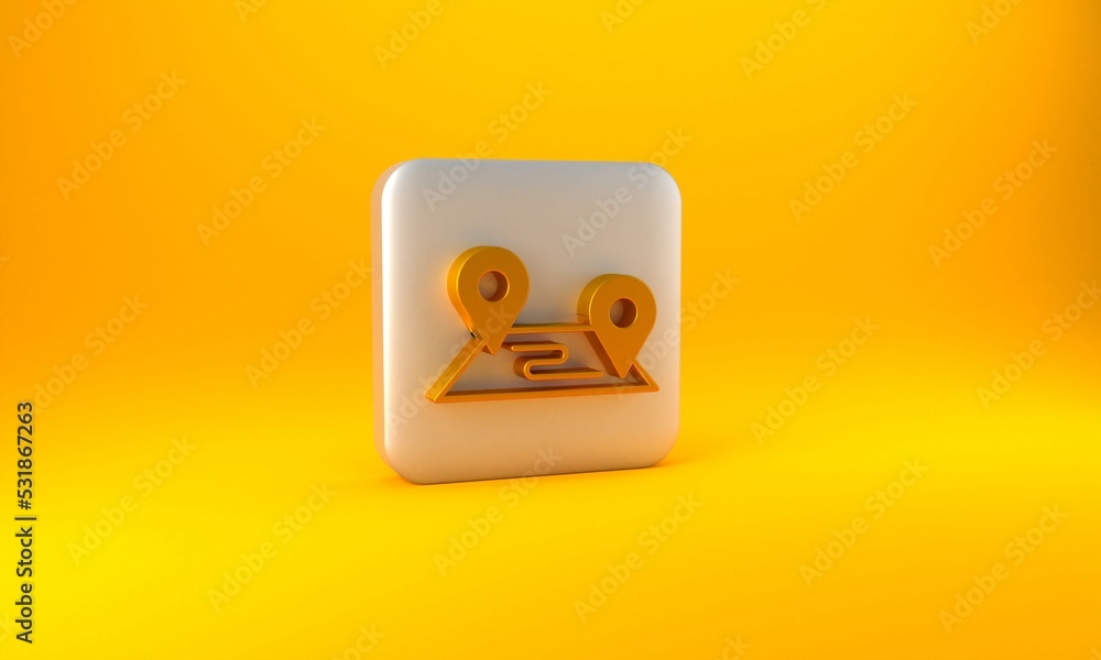 Poster gold route location icon isolated on yellow background. map pointer sign. concept of path or road. g