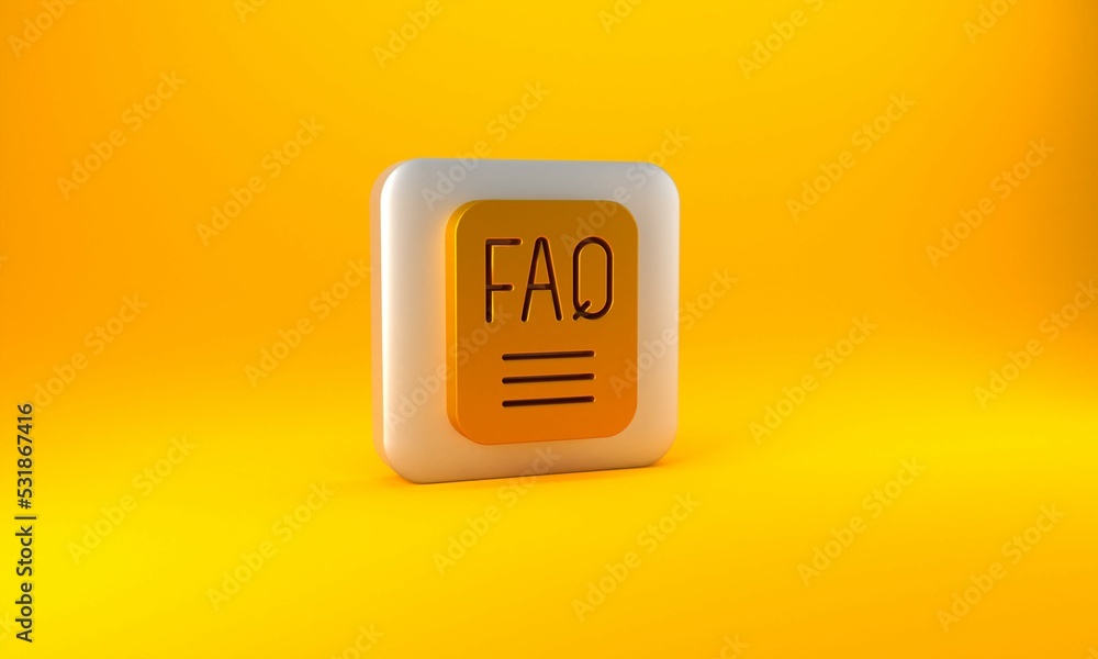 Poster gold speech bubble with text faq information icon isolated on yellow background. circle button with 